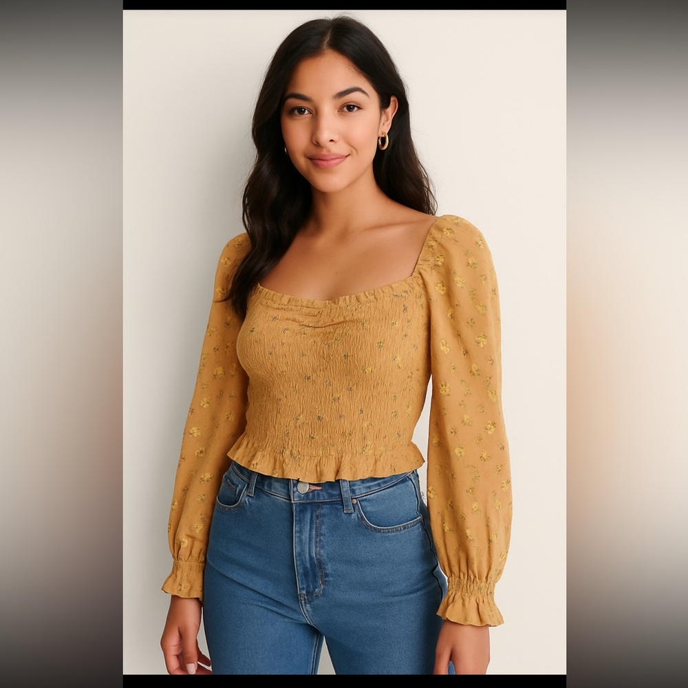 American Eagle Outfitters Floral Smocked Cropped Brown Blouse